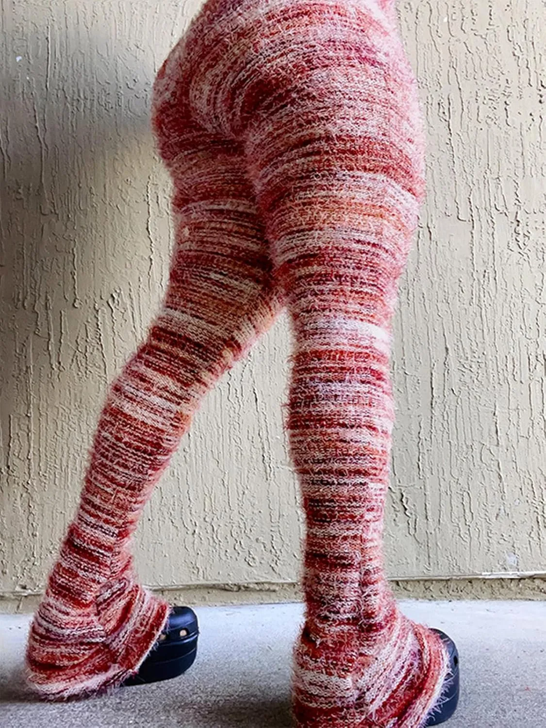 XZLUFNY Women's Stacked Fuzzy Pants High Waisted Striped Knit Sweatpnts Leggings