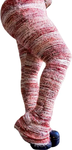 XZLUFNY Women's Stacked Fuzzy Pants High Waisted Striped Knit Sweatpnts Leggings