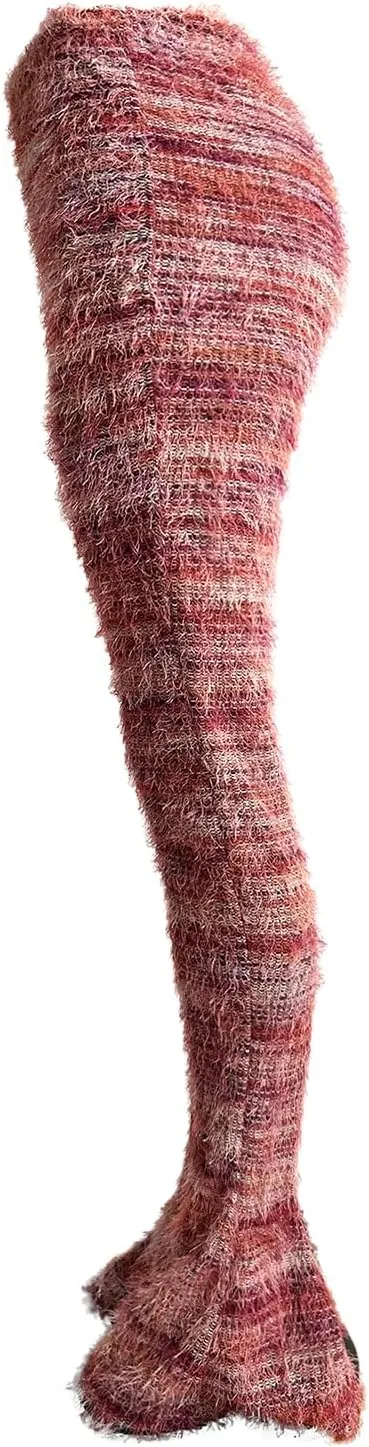 XZLUFNY Women's Stacked Fuzzy Pants High Waisted Striped Knit Sweatpnts Leggings
