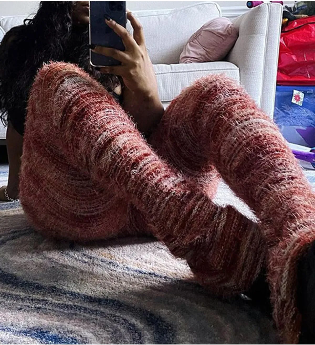 XZLUFNY Women's Stacked Fuzzy Pants High Waisted Striped Knit Sweatpnts Leggings