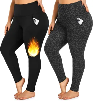 yeuG Women's Plus Size Fleece Lined Leggings with Pockets-1X-4X High Waist Tummy Control Workout Yoga Pants