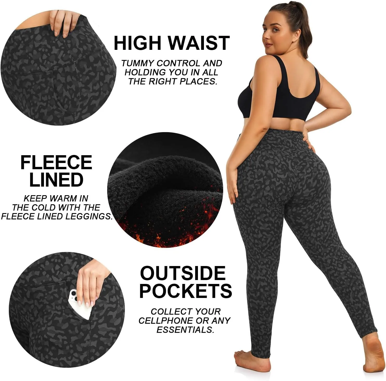 yeuG Women's Plus Size Fleece Lined Leggings with Pockets-1X-4X High Waist Tummy Control Workout Yoga Pants