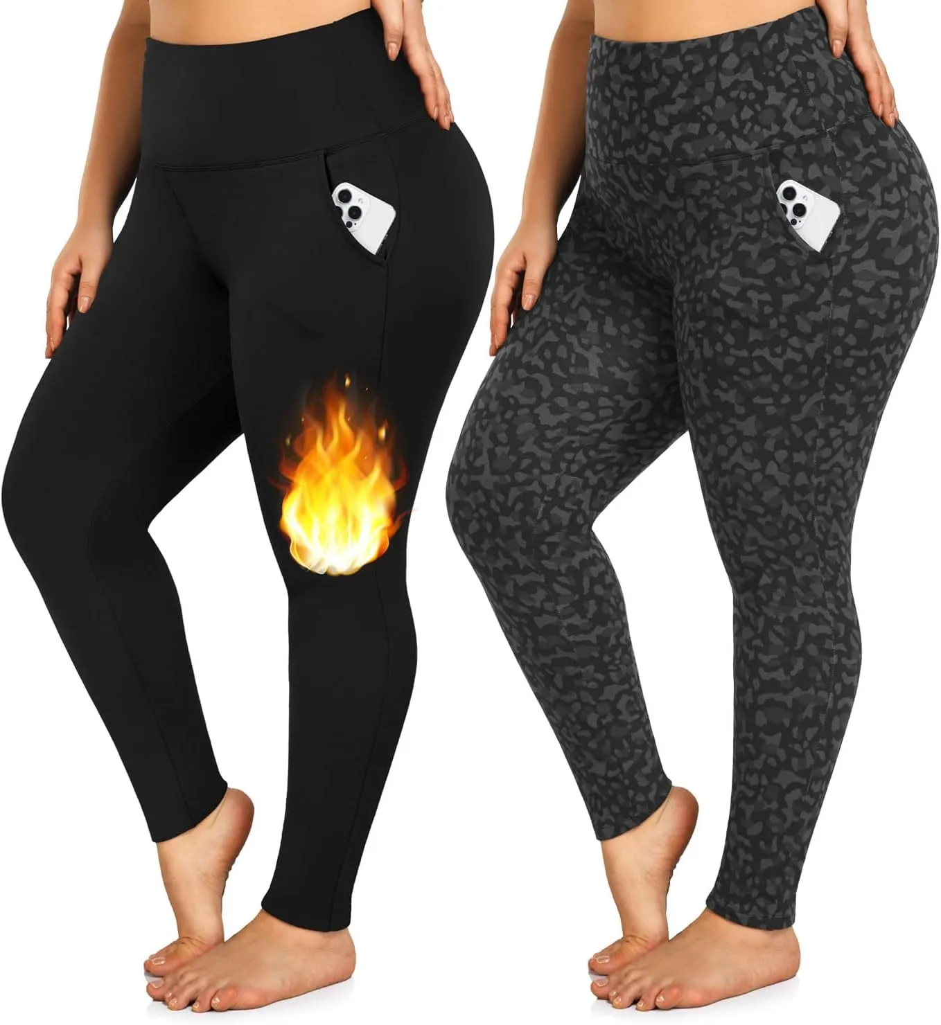 yeuG Women's Plus Size Fleece Lined Leggings with Pockets-1X-4X High Waist Tummy Control Workout Yoga Pants