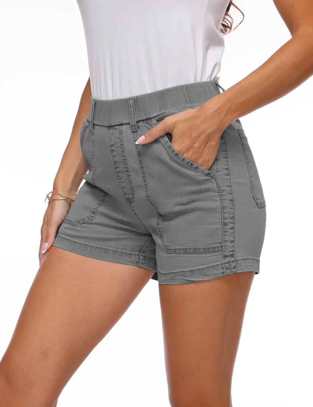 YOCUR Womens Lightweight Denim Shorts Casual Baggy Beach Outdoor Short Pants Elastic Waist High Waisted Pocket Workout Shorts