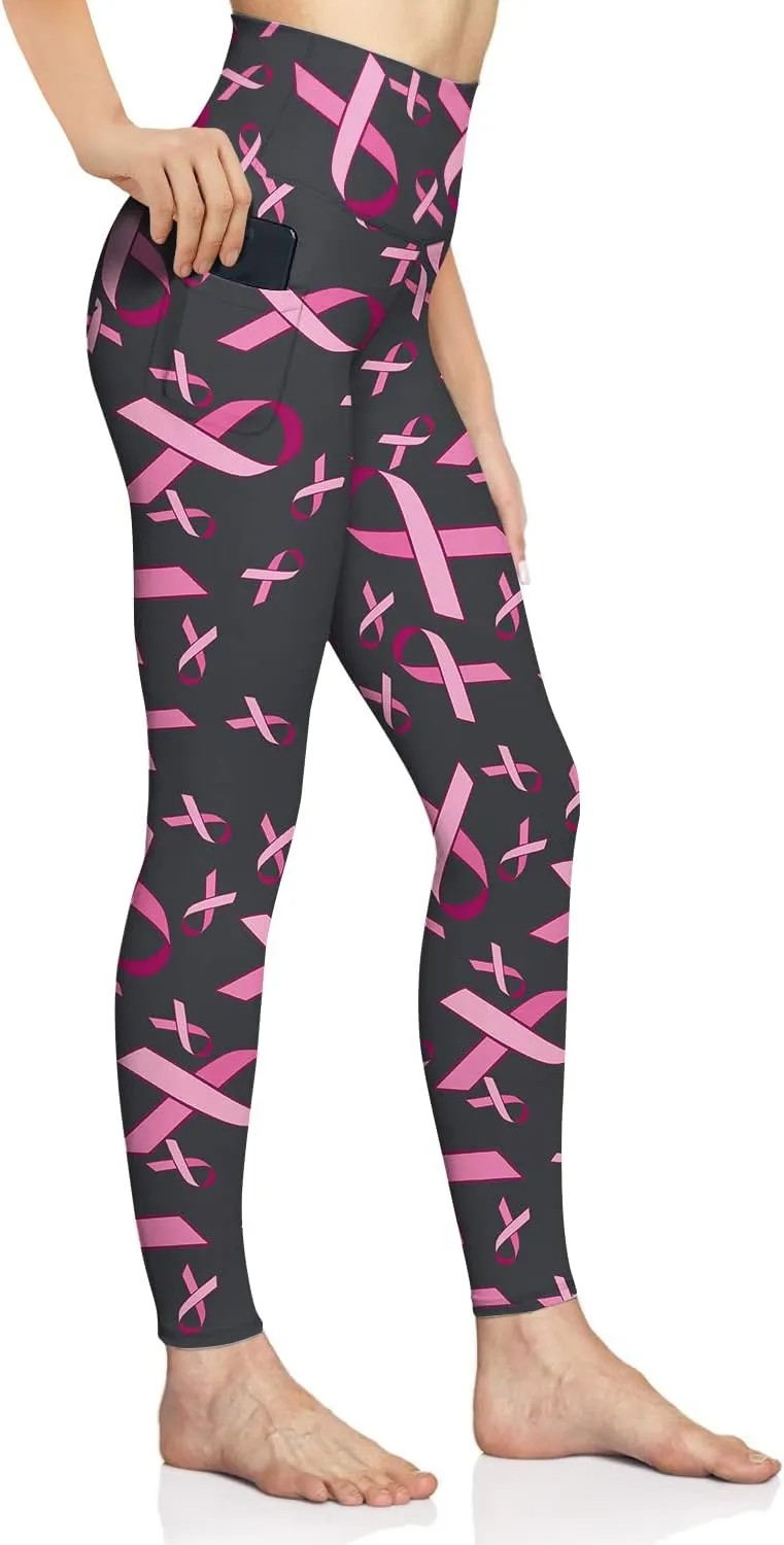 Yoga Pants Women Tummy Control Leggings Breast Cancer Awareness Pink Ribbon Soft Trousers High Waist Workout Tights