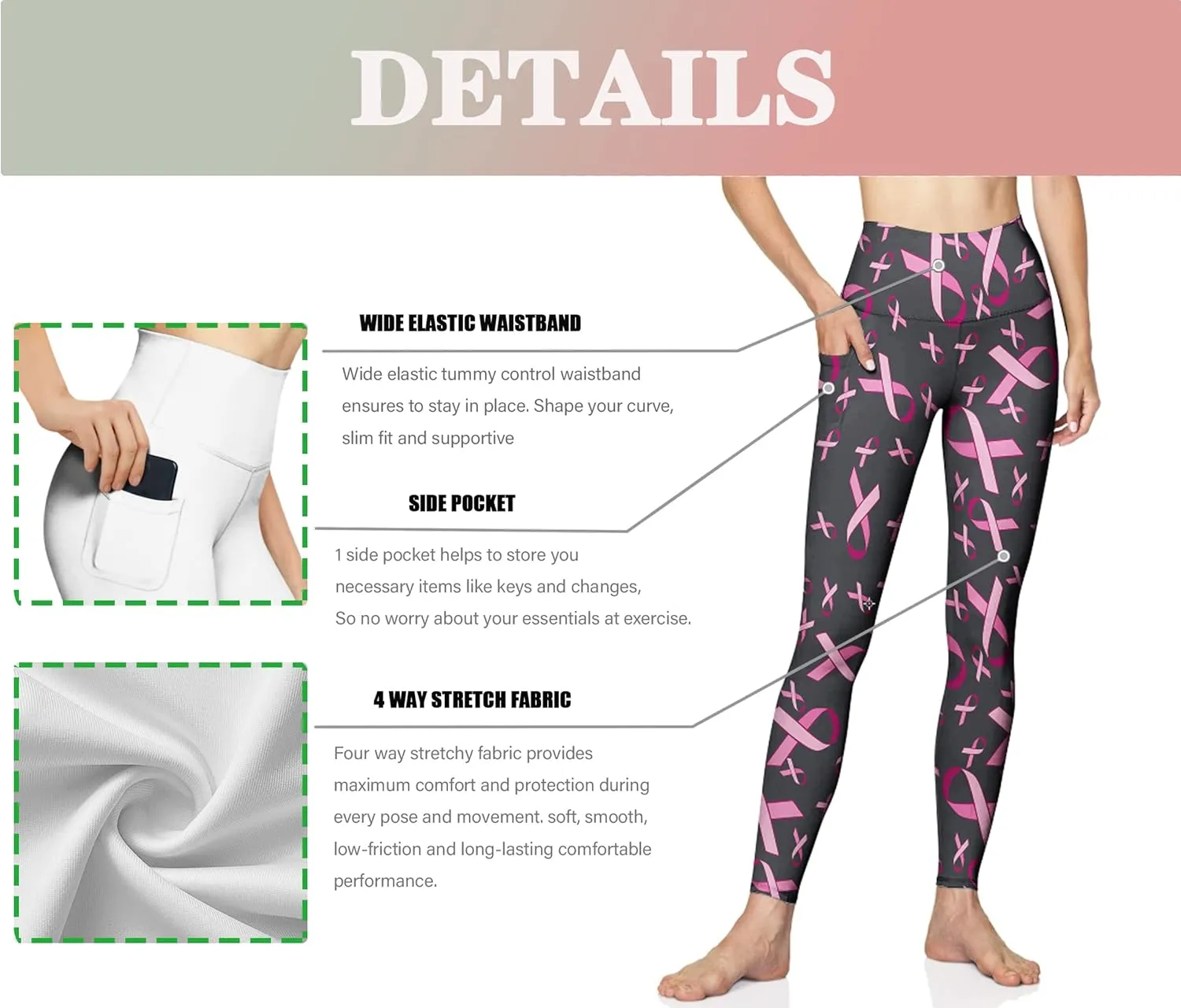 Yoga Pants Women Tummy Control Leggings Breast Cancer Awareness Pink Ribbon Soft Trousers High Waist Workout Tights