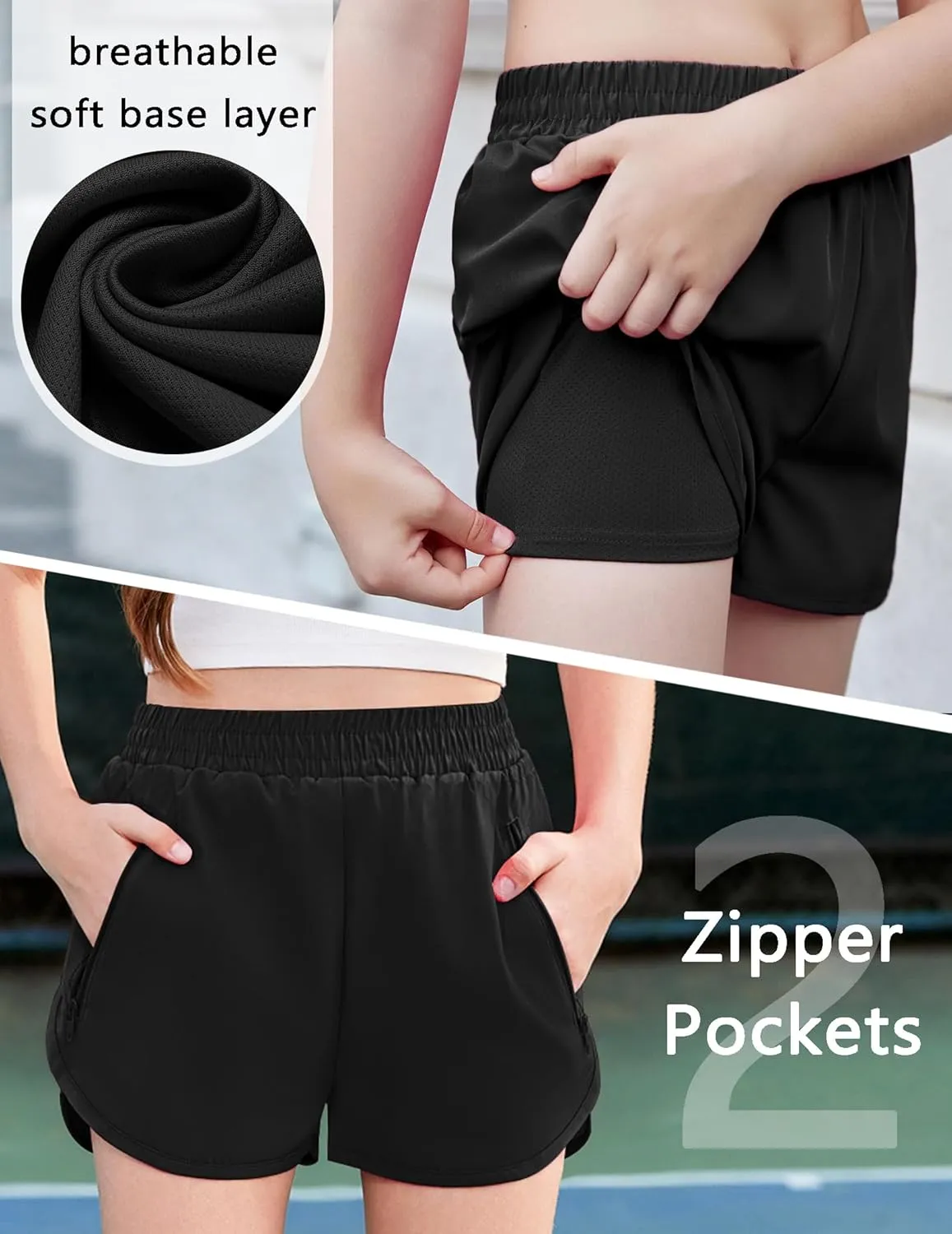 Zaclotre Girls Athletic Shorts with Zipper Pockets 2 in 1 Kid Workout Running Volleyball Soccer Shorts with Liner