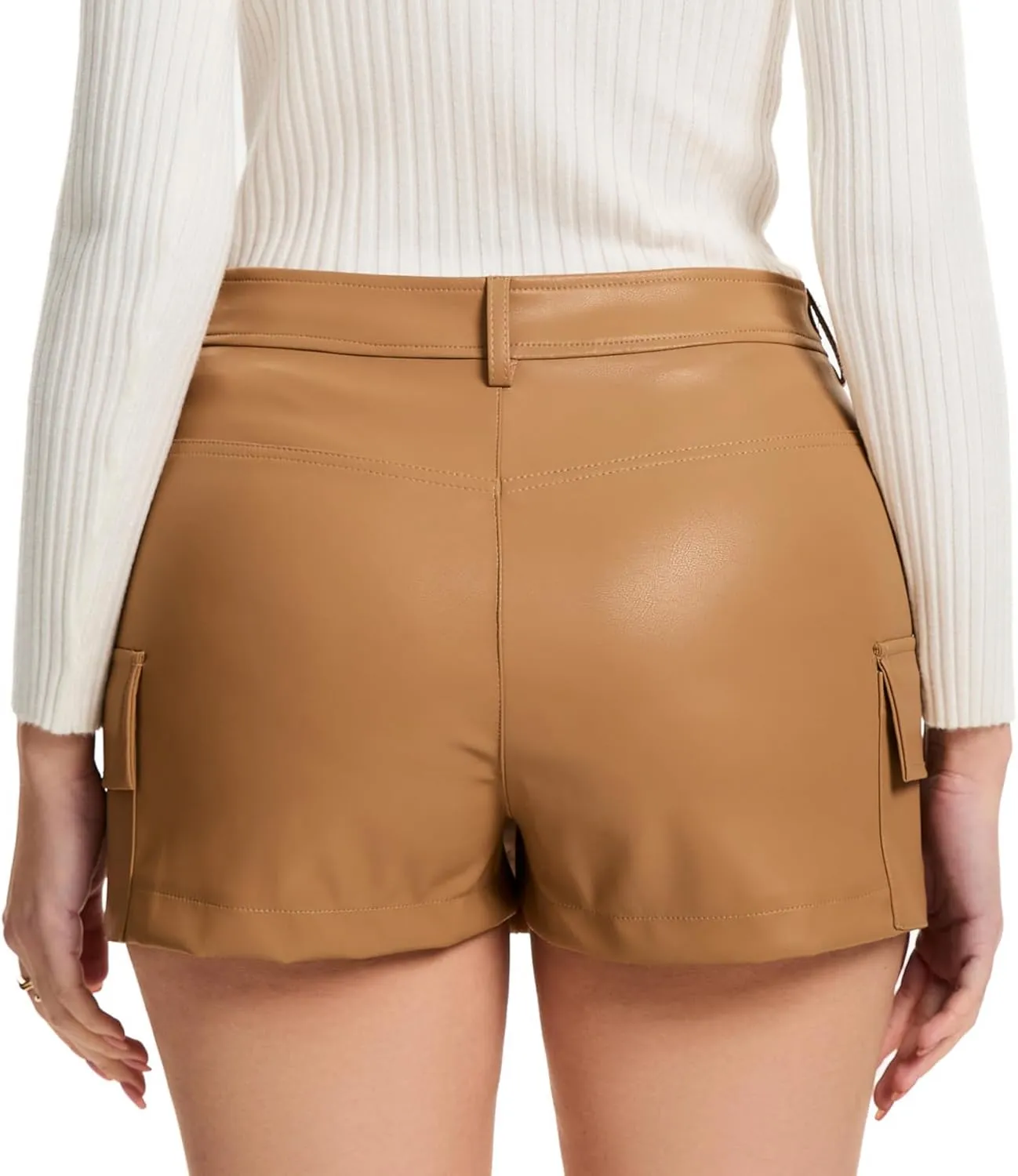Zebaexf Women Sexy Leather Legging Shorts High Waist Faux Leg Stretchy Shorts with Pocket Bodycon PU Leather Skort