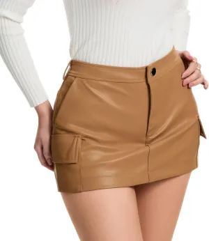 Zebaexf Women Sexy Leather Legging Shorts High Waist Faux Leg Stretchy Shorts with Pocket Bodycon PU Leather Skort