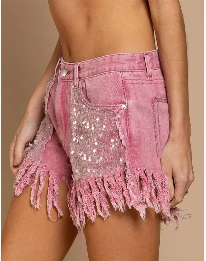 ZOCAVIA Womens Casual High Waisted Tassels Denim Shorts Glitter Sequin Fringe Shorts Summer Stretchy Raw Hem Short Pants