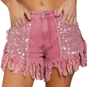 ZOCAVIA Womens Casual High Waisted Tassels Denim Shorts Glitter Sequin Fringe Shorts Summer Stretchy Raw Hem Short Pants