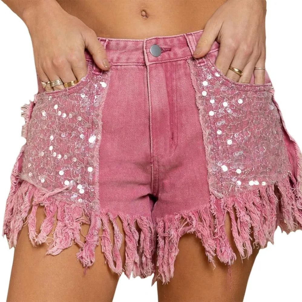 ZOCAVIA Womens Casual High Waisted Tassels Denim Shorts Glitter Sequin Fringe Shorts Summer Stretchy Raw Hem Short Pants