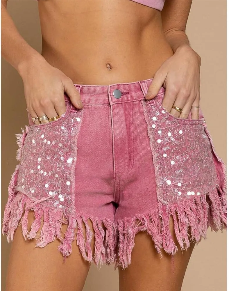 ZOCAVIA Womens Casual High Waisted Tassels Denim Shorts Glitter Sequin Fringe Shorts Summer Stretchy Raw Hem Short Pants