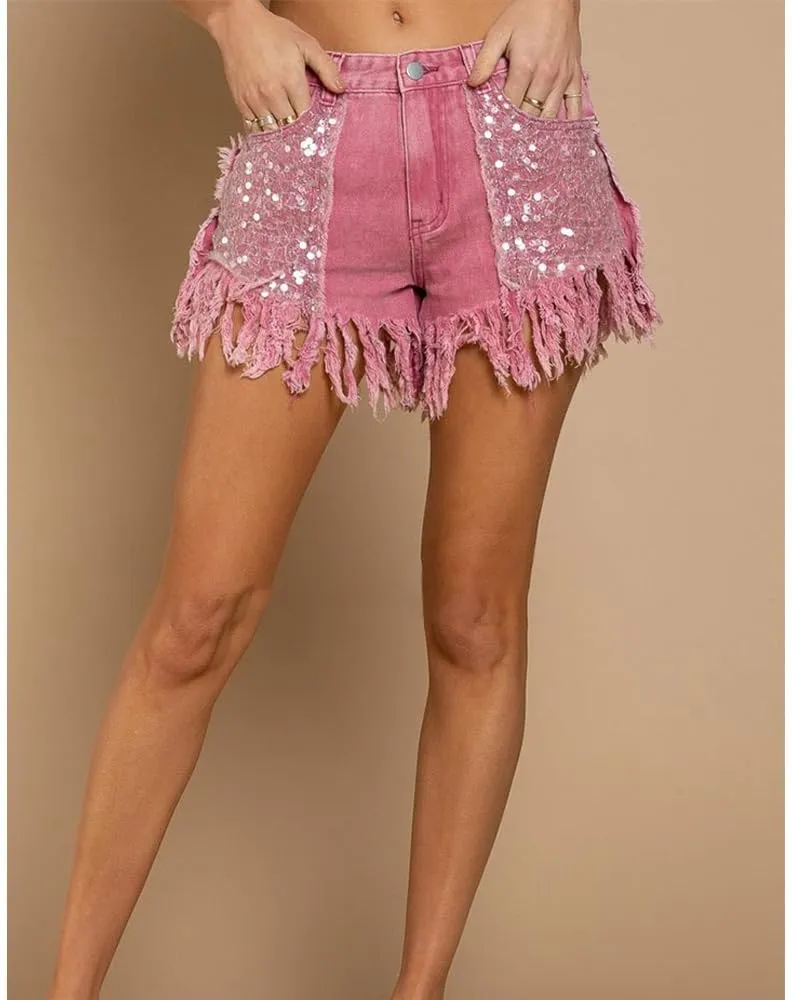 ZOCAVIA Womens Casual High Waisted Tassels Denim Shorts Glitter Sequin Fringe Shorts Summer Stretchy Raw Hem Short Pants