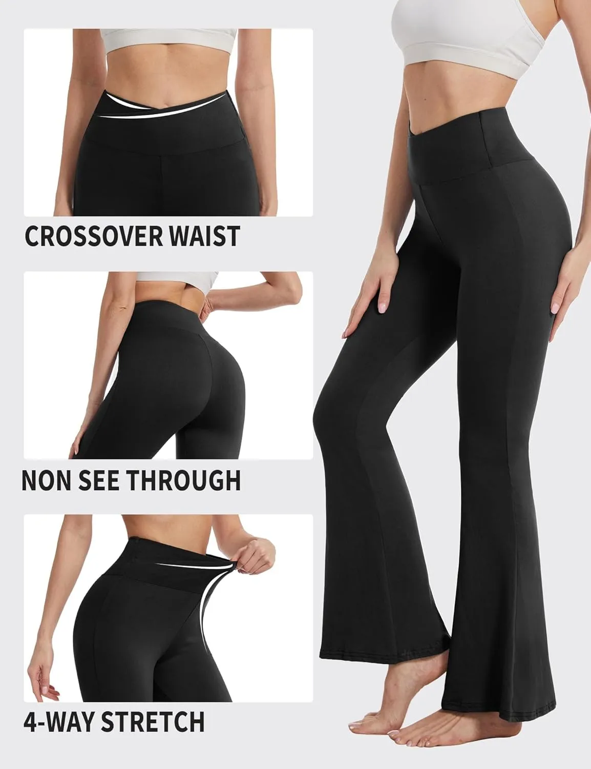 ZOOSIXX Black Flare Yoga Pants for Women, Crossover Soft Bootcut Leggings